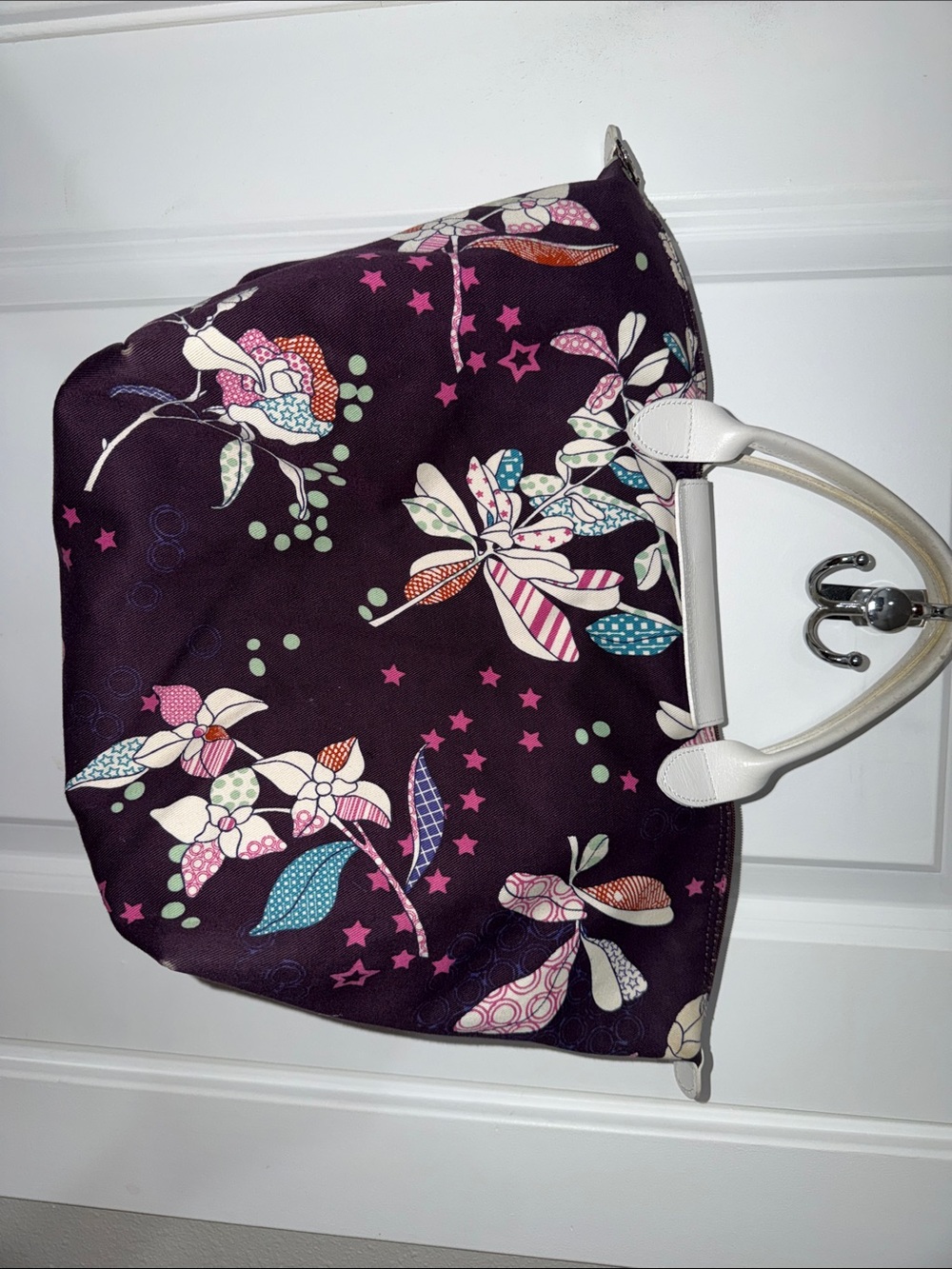 Longchamp Floral Pattern Tote Bag with White Handles - Purple - Picture 3 of 7